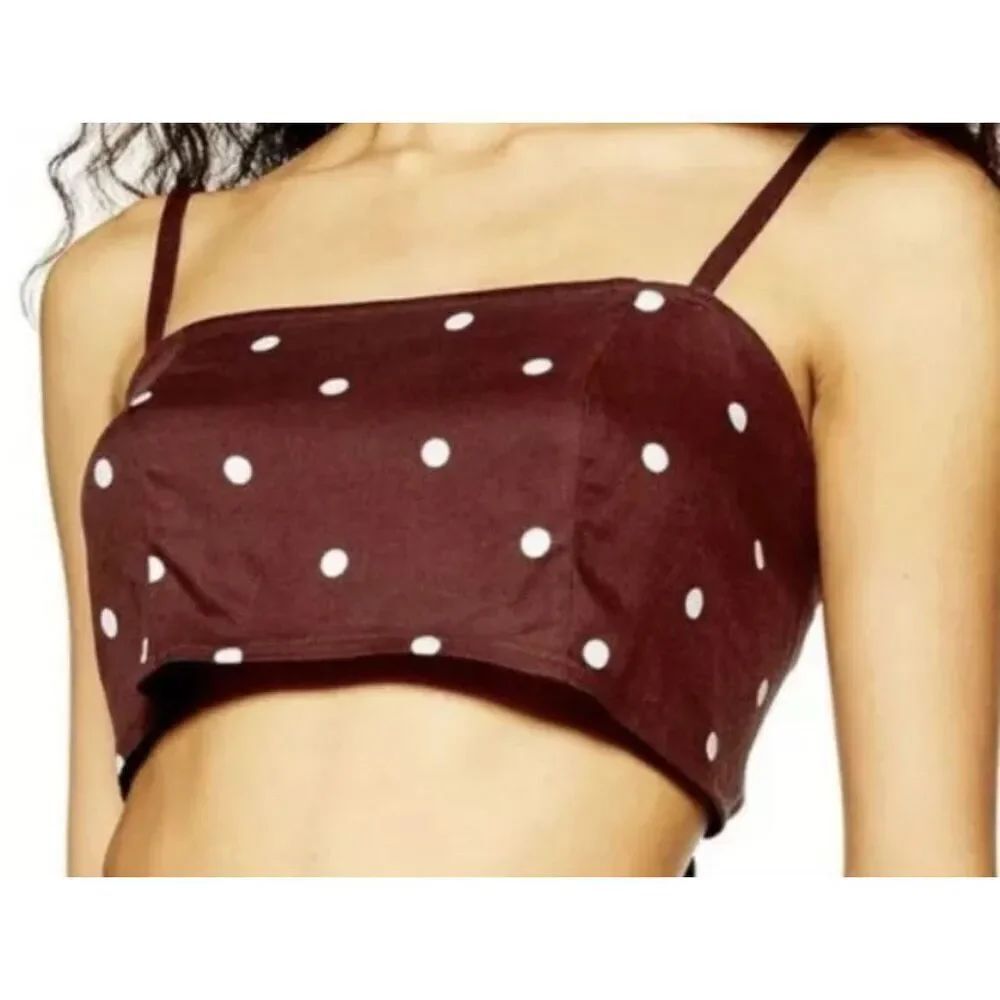 Topshop Womens Bralette Top Brown White Polka Dot Spaghetti Strap Back Tie Size